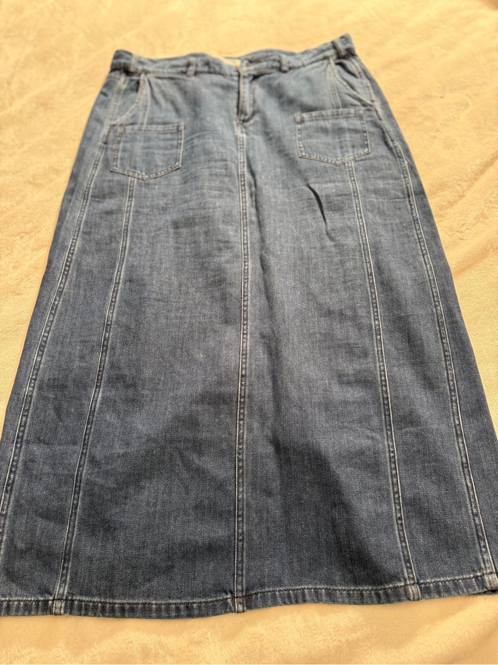 Orvis Denim Maxi Skirt Size 14 Blue 100% Cotton Paneled A-Line Back Slit - Picture 2 of 8